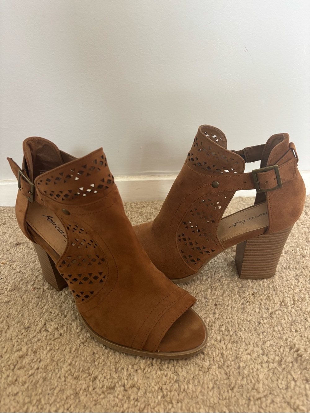 American Eagle Outfitters Tan Cutout Suede Peep-Toe Block Heel Booties